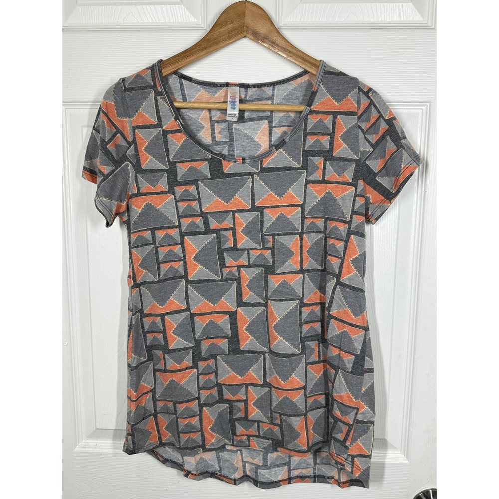 LuLaRoe T-Shirt Womens S Grey Orange Geometric Envelope Scoop Neck Short Sleeve